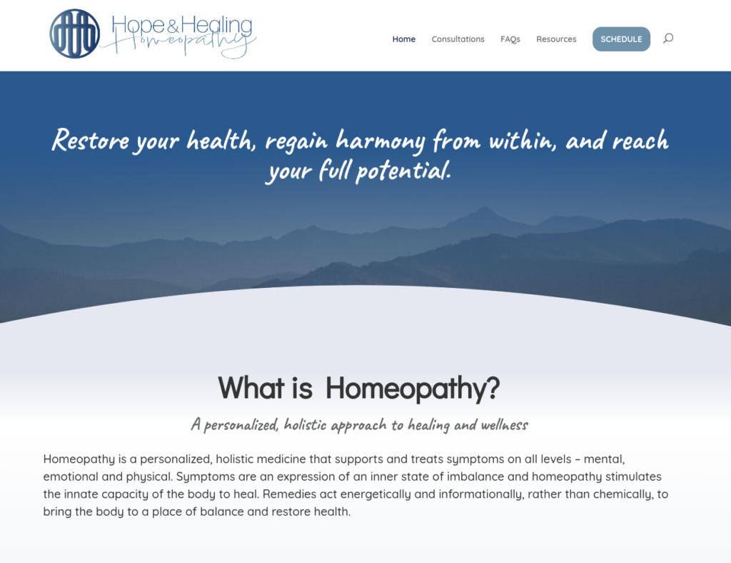 Hope and Healing Homeopathy webpage screenshot